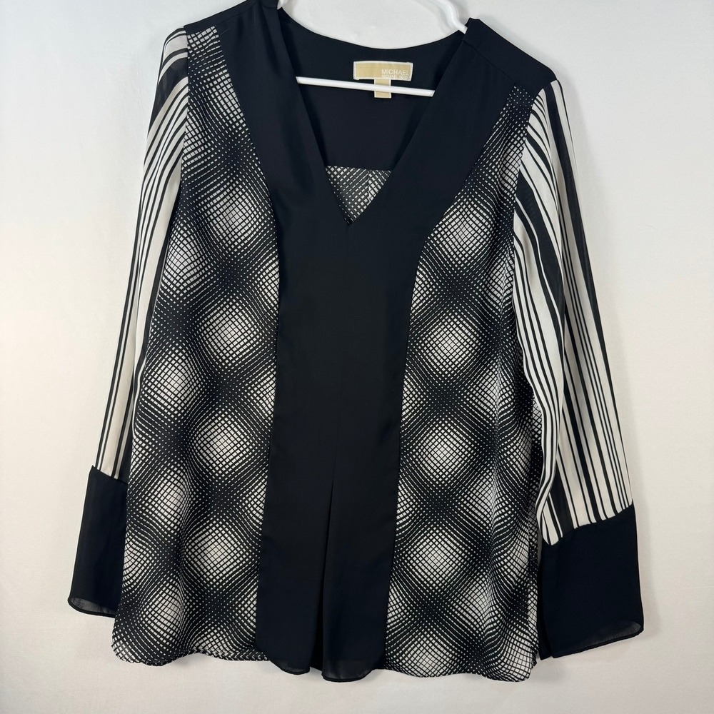 Michael Michael Kors Black White Geometric Stripe V-Neck Blouse Medium